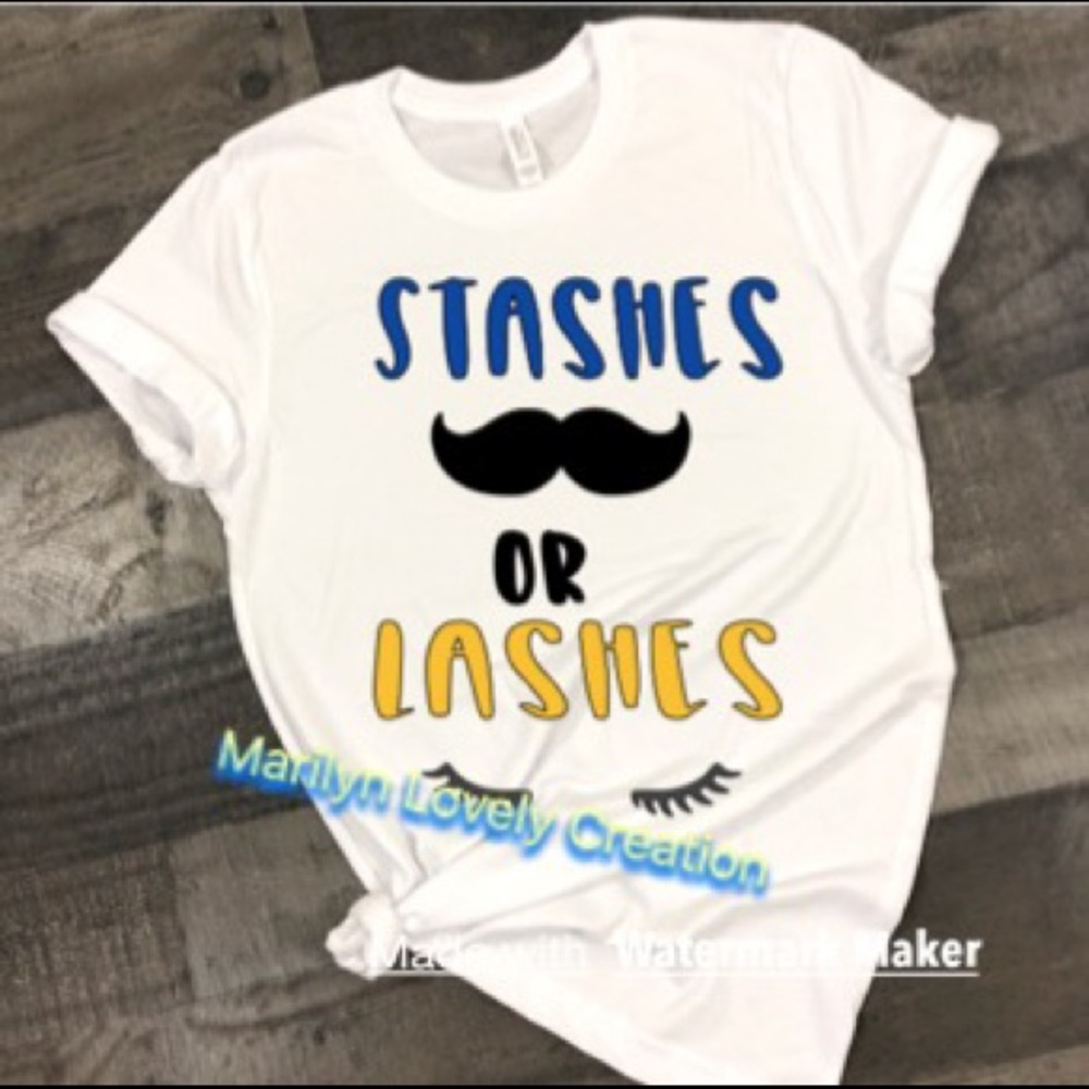 Stashes or lashes gender reveal shirt